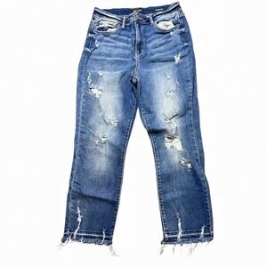 Judy Blue Distressed Straight Leg Blue‎ Jeans Womens Size 11/30 Denim Raw Hem